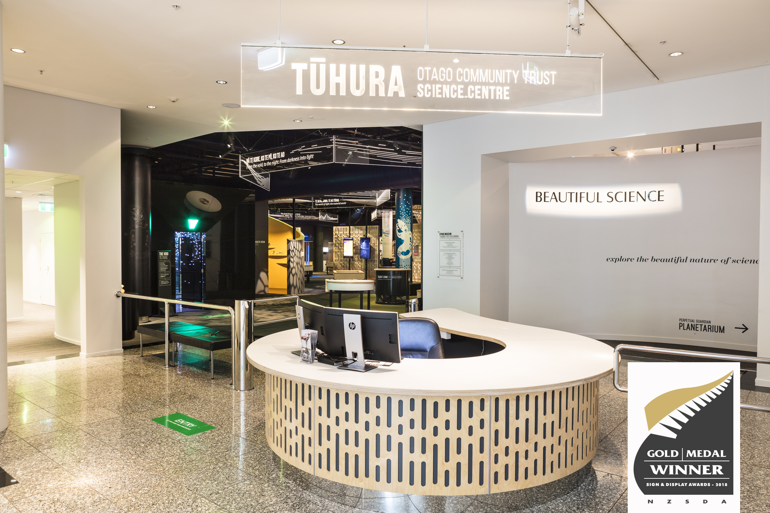 NZSDA Award winning Illuminated signage Tuhura Science Centre